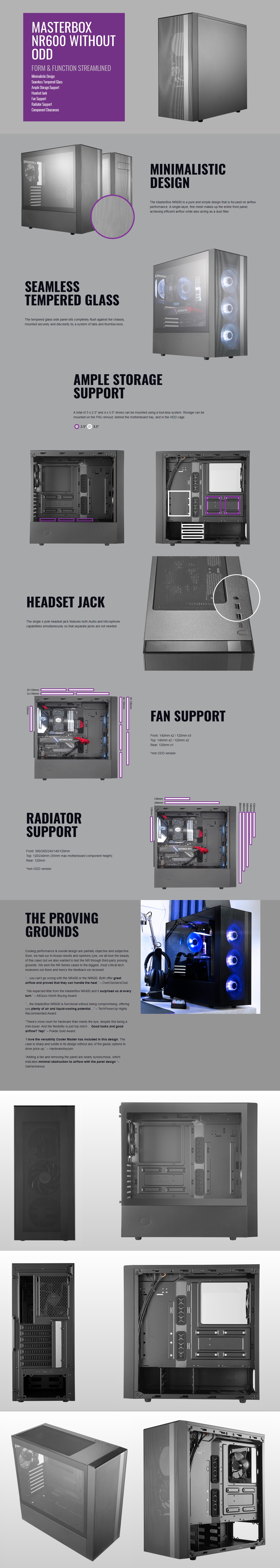  <b>ATX Tower</b>: MasterBox NR600 with Tempered Glass Side Panel, Minimalistic Mesh Design, 2x USB3.0, 2x 120mm Fan, No ODD Support  