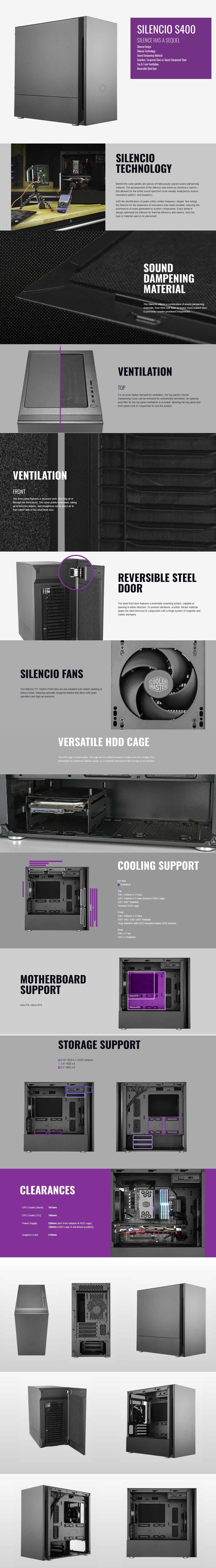  <b>Mid Tower</b>: Silencio S400, Sound-Dampened Side Panel, Sound-dampened Steel Front Door, Removable Sound Dampening Top Cover,  SD Card Reader, mATX  