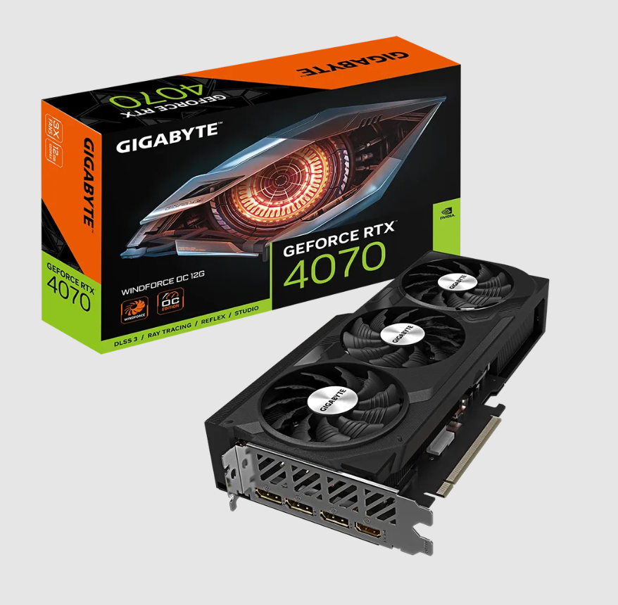  nVIDIA GeForce RTX4070 Windforce OC 12G <br>Core Clock: 2490 MHz, 1x HDMI/ 3x DP, Max Resolution: 7680 x 4320, 1x 8-Pin Connector, Recommended: 650W  
