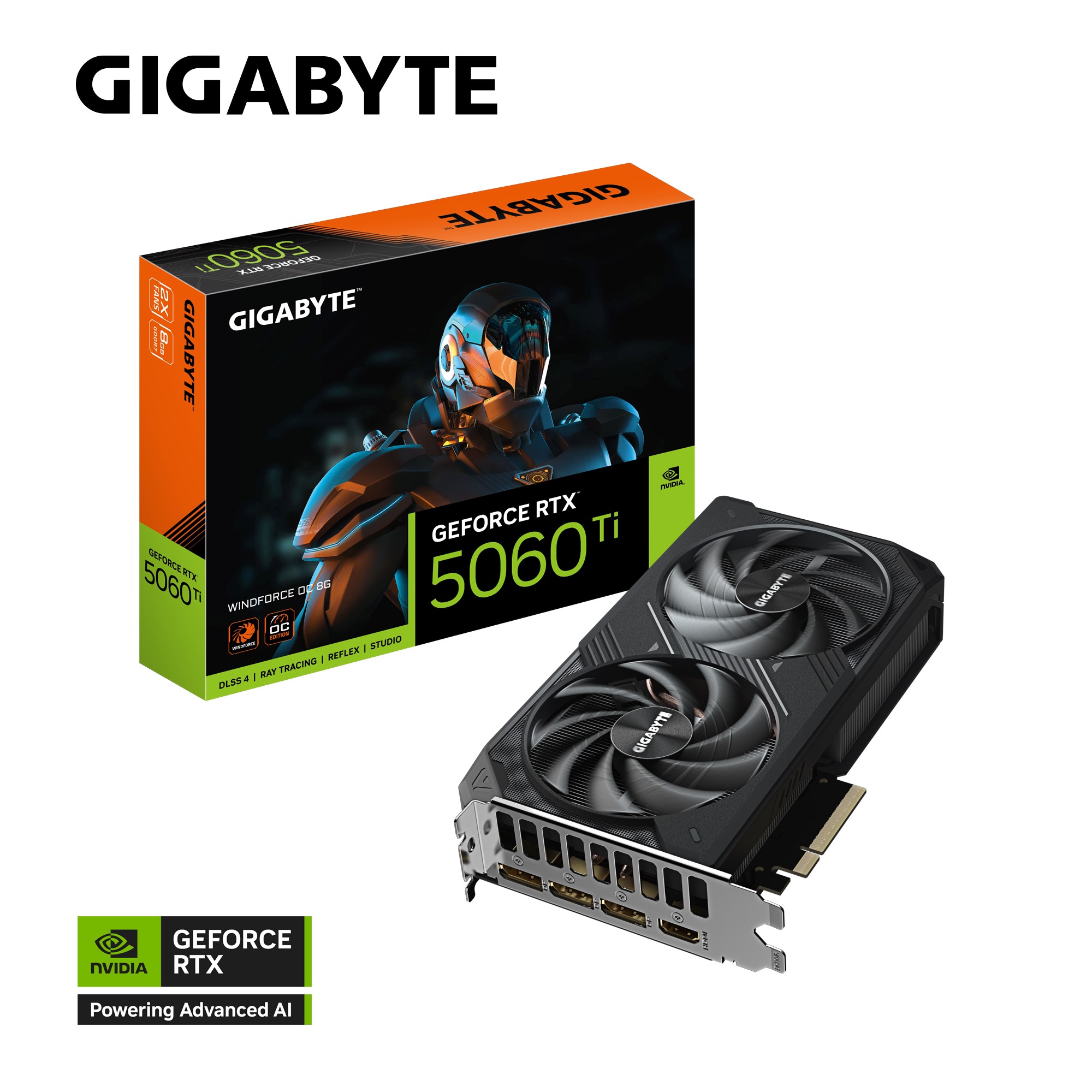  GeForce RTX™ 5060 Ti WINDFORCE OC 8G, 2587 MHz, CUDA 4608, 28 Gbps, GDDR7, 128 bit, PCI-E 5.0, PSU 650W, DisplayPort 2.1b *3 HDMI 2.1b *1  
