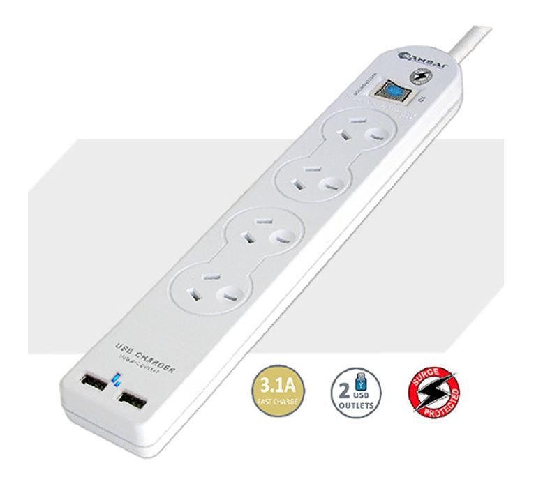  4 Way Basic Powerboard USB Ax2 4 Outlets Master Switch Surge and overload protection1M Length  