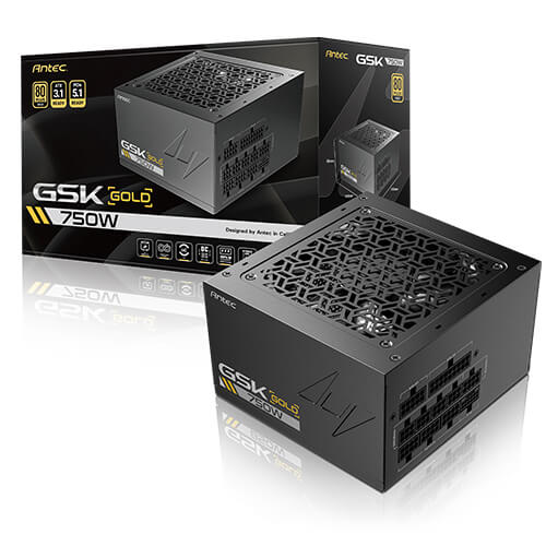  <b>ATX PSU</b>: Antec GSK750<BR>80Plus Gold, ATX 3.1 & PCIe 5.1 Compatible, Fully-Modular, 120mm Fan, 2x CPU (4+4 Pin), 4x PCIE (6+2 Pin), 1x 12VHPWR (16-Pin), 8x SATA, 4x Molex  