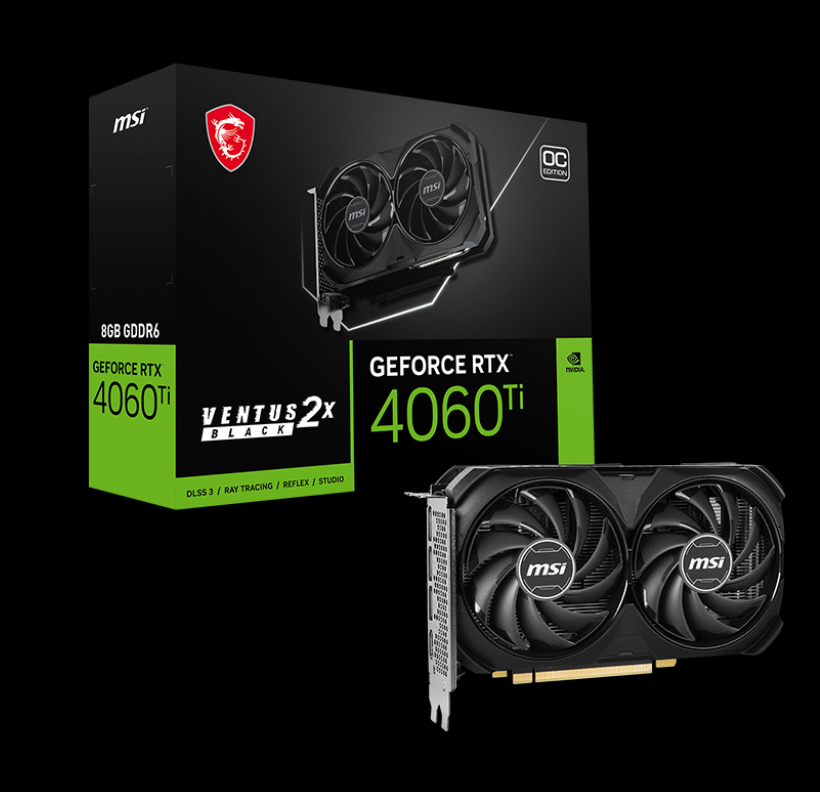  nVIDIA GeForce RTX4060Ti VENTUS 2X BLACK OC 8GB GDDR6<br>OC Mode: TBD MHz, 1x HDMI/ 3x DP, Max Resolution: 7680 x 4320, 1x 8-Pin Connector, Recommended: TBD  