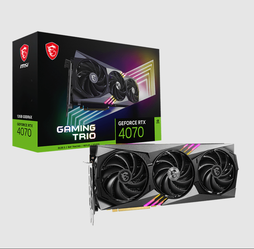 nVIDIA GeForce RTX4070 GAMING TRIO 12G<br>Boost Mode: 2475 MHz, 1x HDMI/ 3x DP, Max Resolution: 7680 x 4320, 1x 16-Pin Connector, Recommended: 650W  