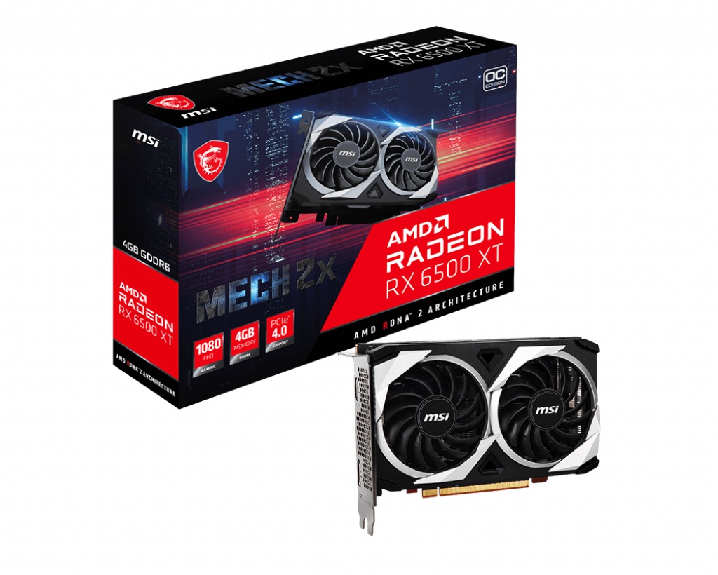  AMD Radeon RX 6500 XT OC 4GB<br>Boost Clock: 2825 MHz, 1 x DP/ 1 x HDMI, Resolution: 7680 x 4320, 1 x 6-Pin Connector, Recommended: 400W  