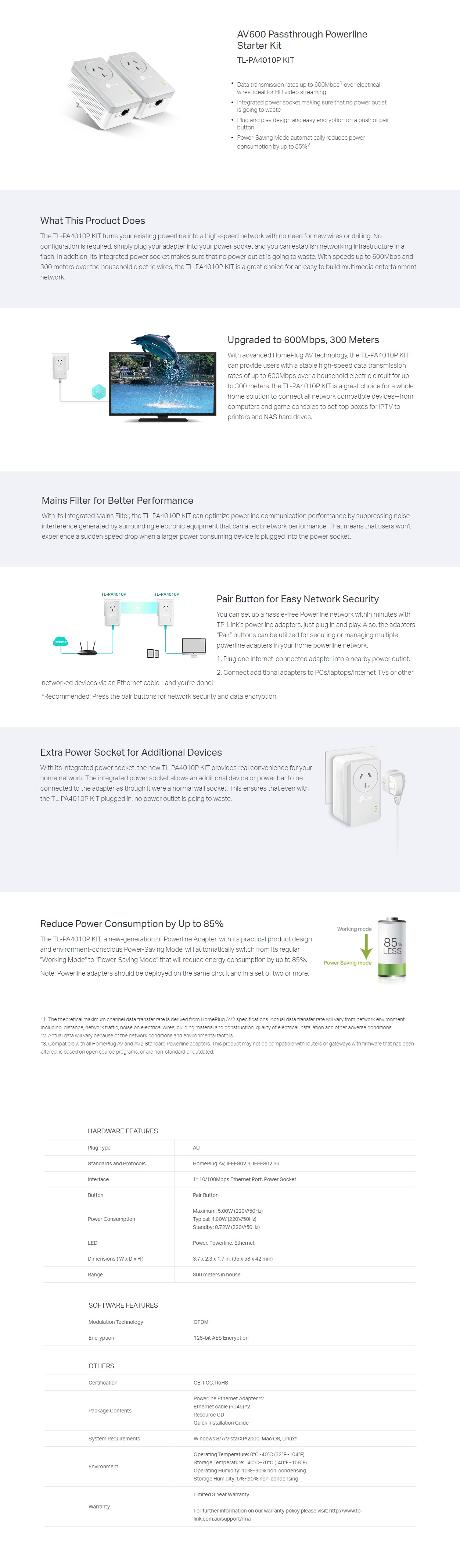  Powerline: AV500 POWERLINE ADAPTER WITH AC PASSTHROUGH STARTER KIT 500Mbps P/LINE DATARATE 1 F  