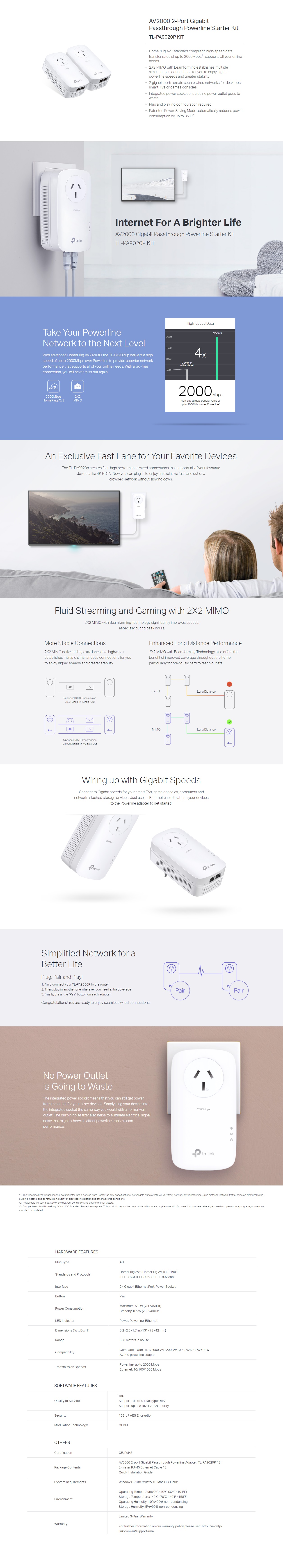  Powerline Adapter: 2000 Mbps AV2000 2-Port Gigabit Passthrough Powerline Starter Kit  