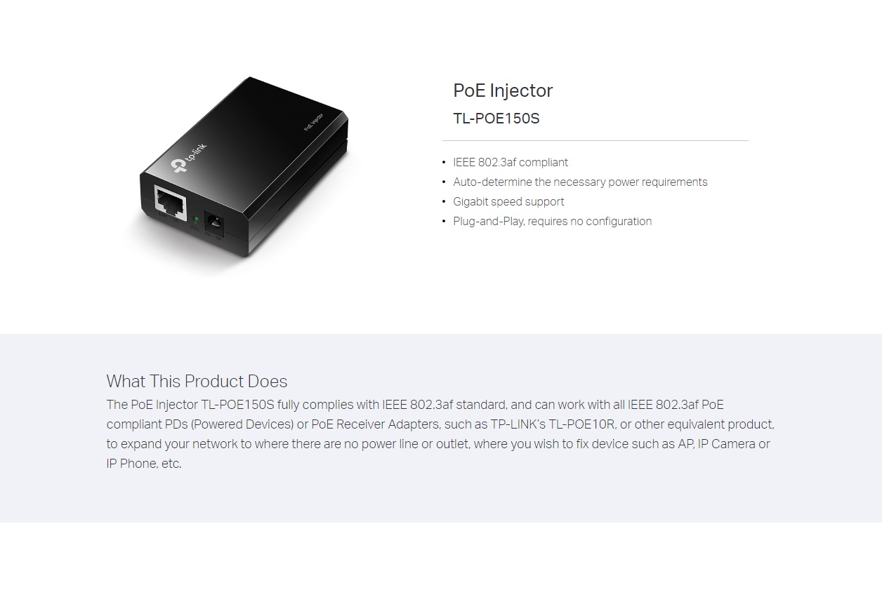  Single port PoE Supplier Adapter (Injector), IEEE 802.3af compliant, up to 100m  