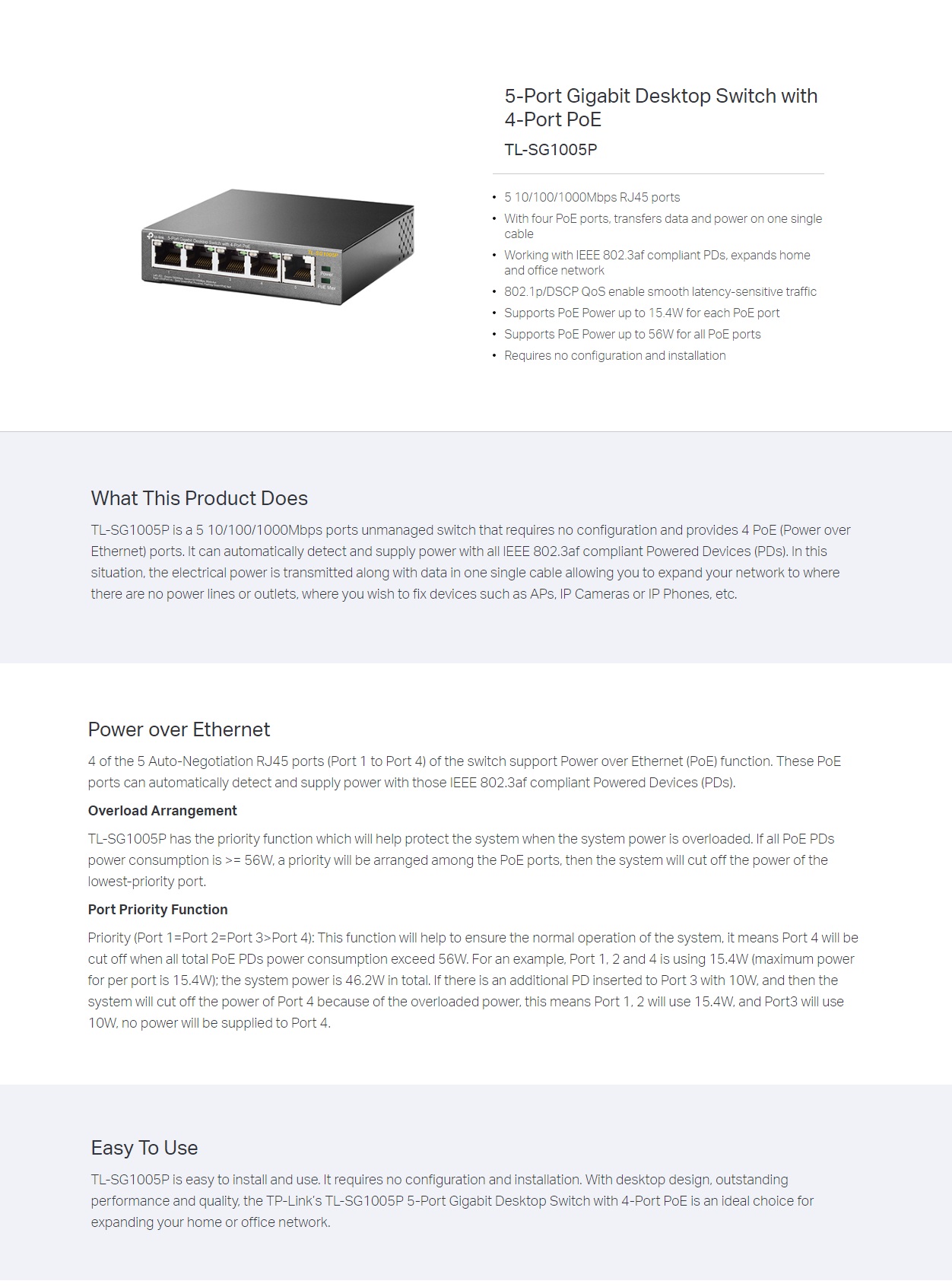  POE Switch : 5-Port Gigabit Switch with 4-Port PoE (56W)  