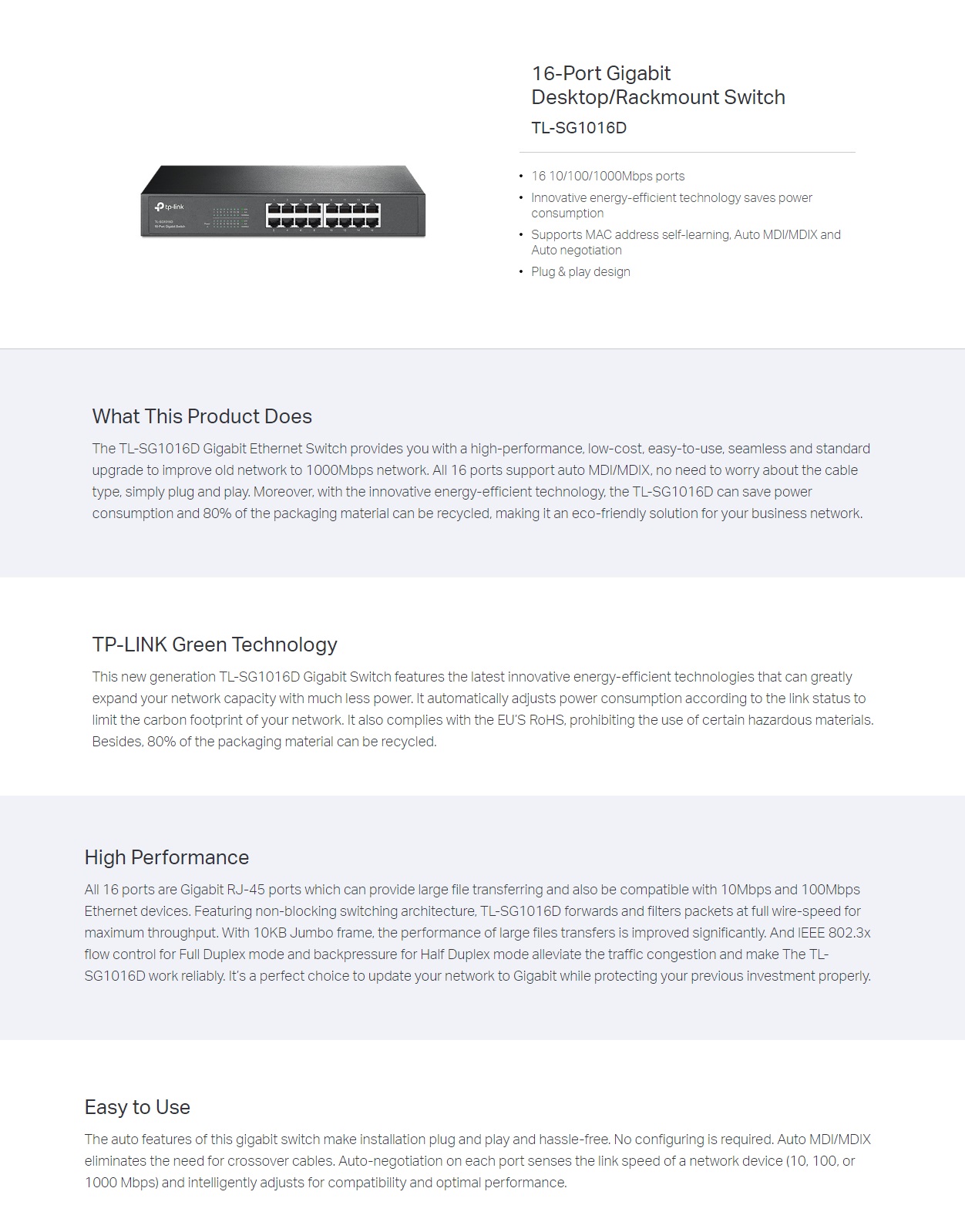  Switch :16 Port Gigabit Metal RackMount  (10/100/1000)  (included)  