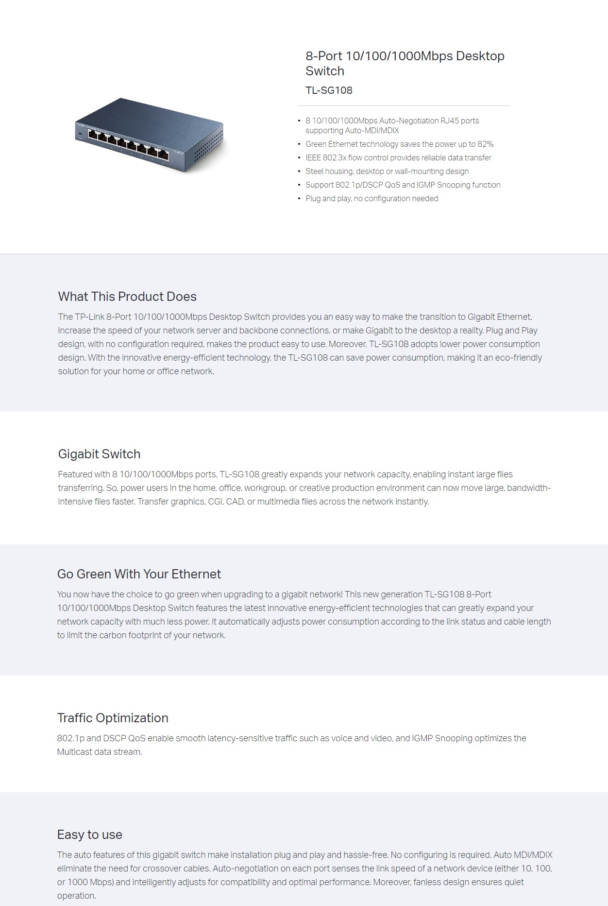  Switch: 8-port Gigabit  8 10/100/1000M RJ45 Ports, Steel Case  