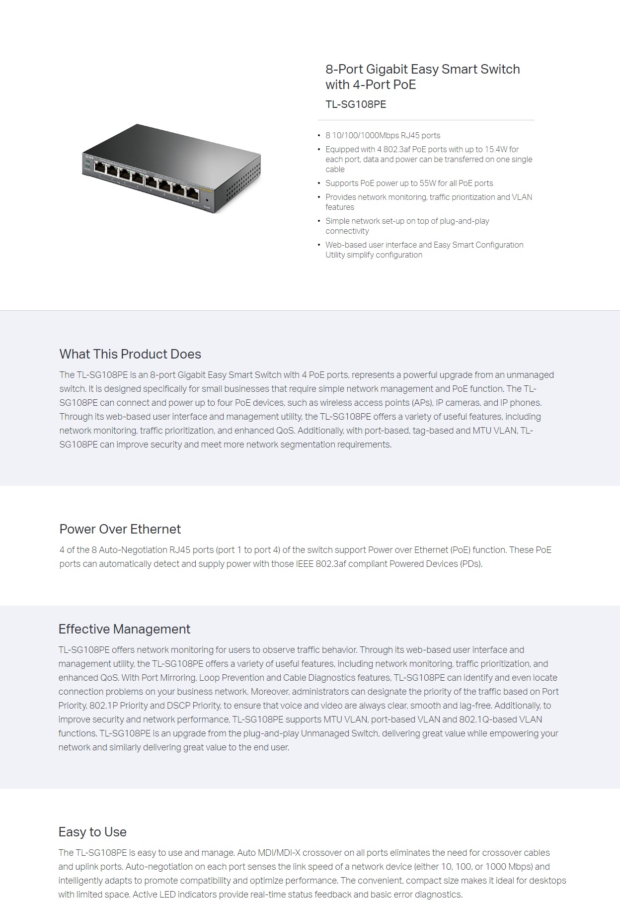  POE Switch: 8-Port Gigabit Easy Smart  15KB Jumbo frame, IEEE 802.3x flow control  