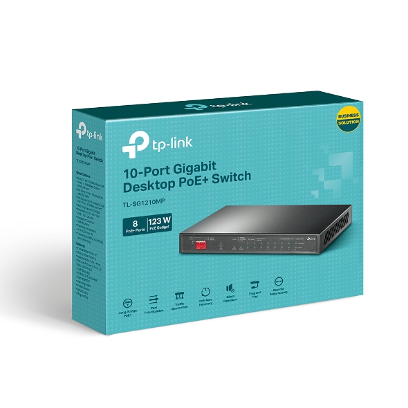  POE Switch: 10-Port Gigabit Desktop Switch with 8-Port PoE+ (up to 30W, total of 123W), 9 gigabit RJ45 ports, and 1 gigabit combo SFP/RJ45 Port  
