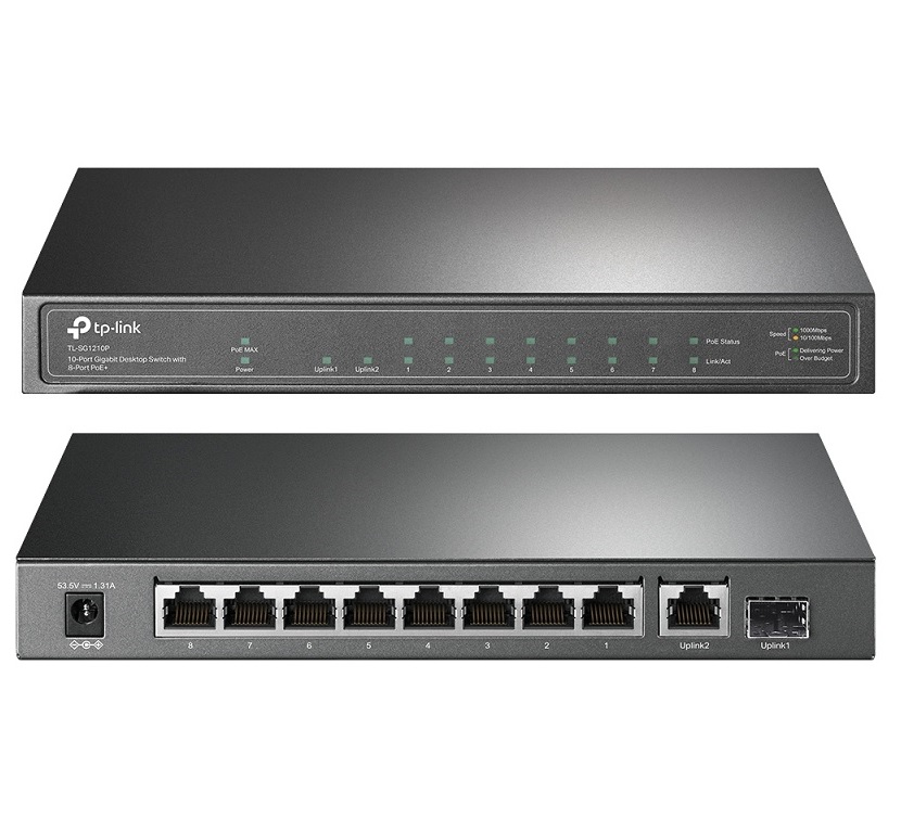  Switch : 10-Port Gigabit PoE+ Switch, 8x Gigabit PoE+ Ports, 1x Gigabit RJ45 Ports and 1x Gigabit SFP Slots, 802.3at/af, 63W PoE Power, Desktop Steel Case  