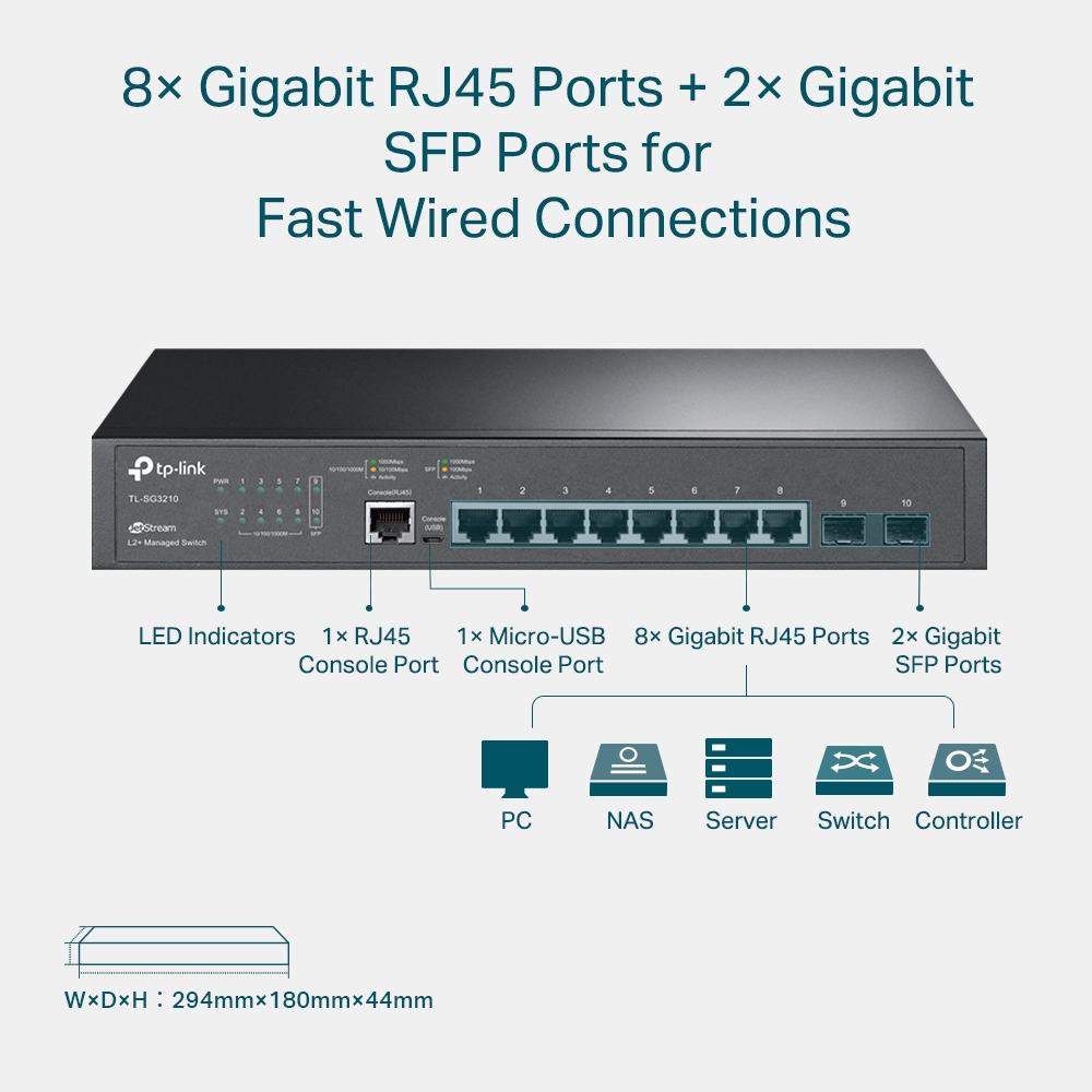  Managed Switch: JetStream 8-Port Gigabit L2+ Managed Switch with 2 SFP Slots  