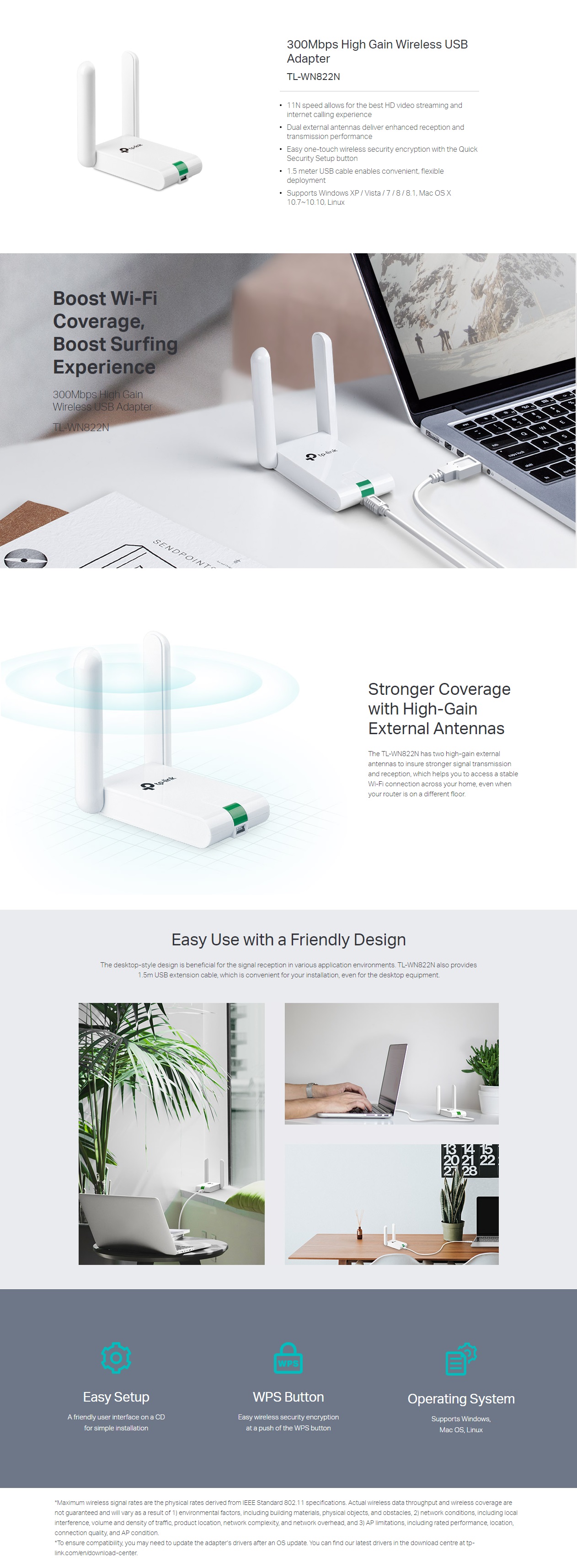  USB Adapter: 300Mbps High Gain Wireless N  Atheros, 2T2R, 2.4GHz, 802.11n/g/b, desktop housing, USB extension cable  