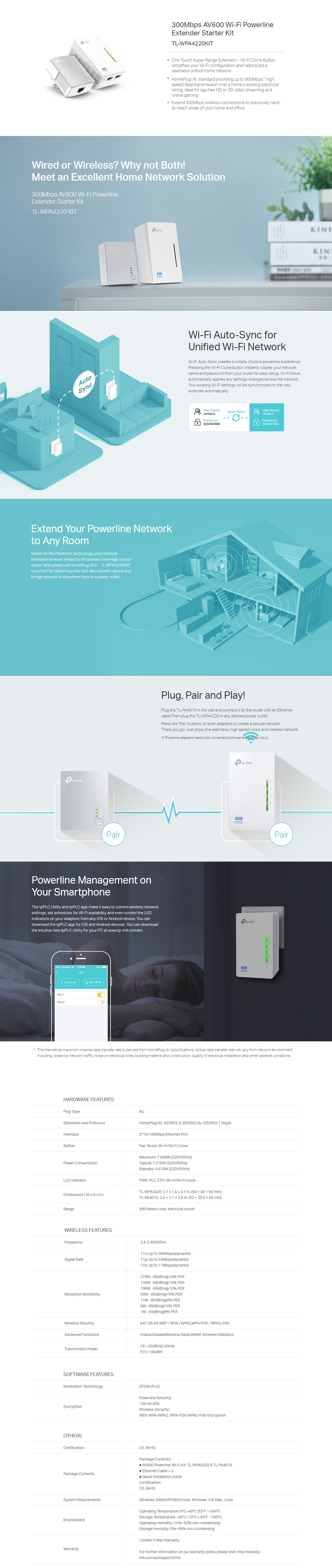  WiFi Powerline Extender Starter Kit : 300Mbps AV600  