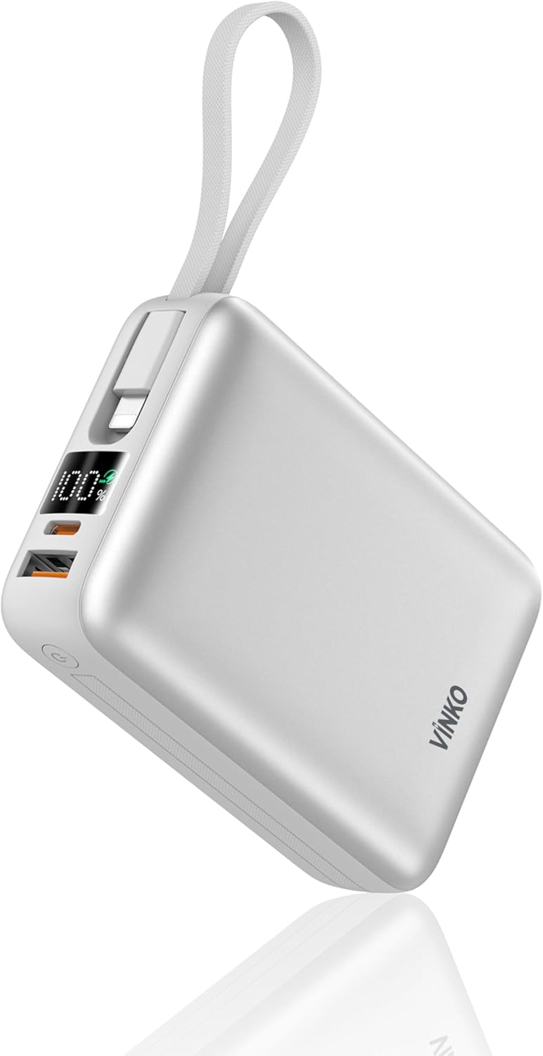  VINKO Pocket V10 - 20000mAh Power Bank, 22.5W Fast Charging Portable Charger with Built-in USB-C and iPhone Cables, LED Display Travel Essential Battery Pack, for iPhone 17/16/15/14 Samsung S25/S23 iPad (White)  