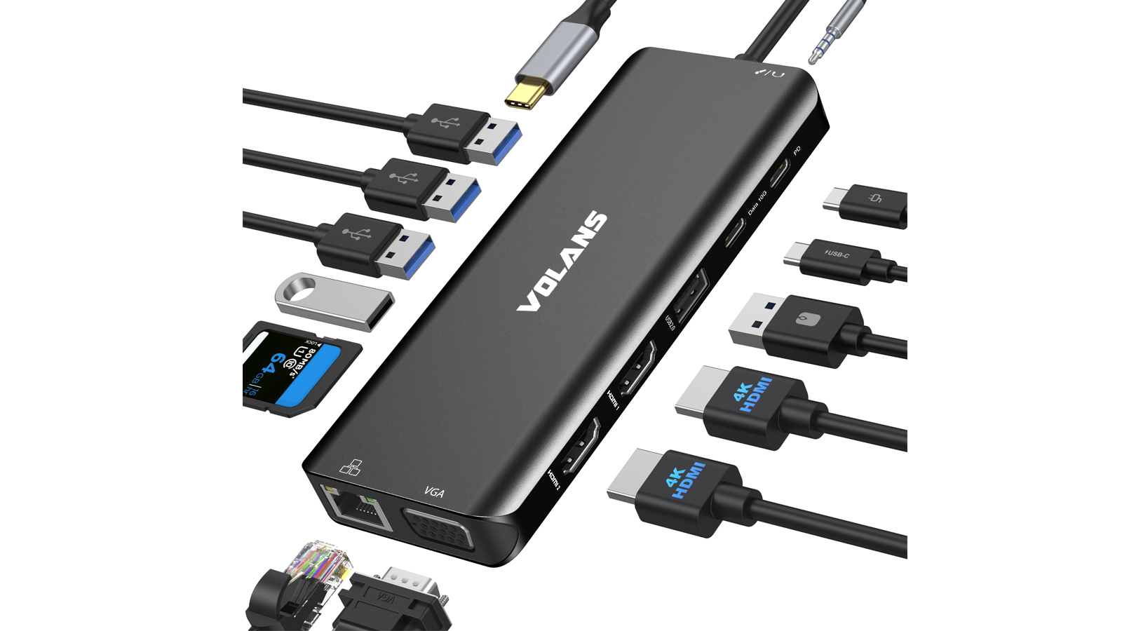  Aluminum 14-in-1 USB-C Hub with 100W PD - 2x HDMI, 1x VGA, 3x USB-A, 2x USB-C, 1x Ethenet, Card Reader  