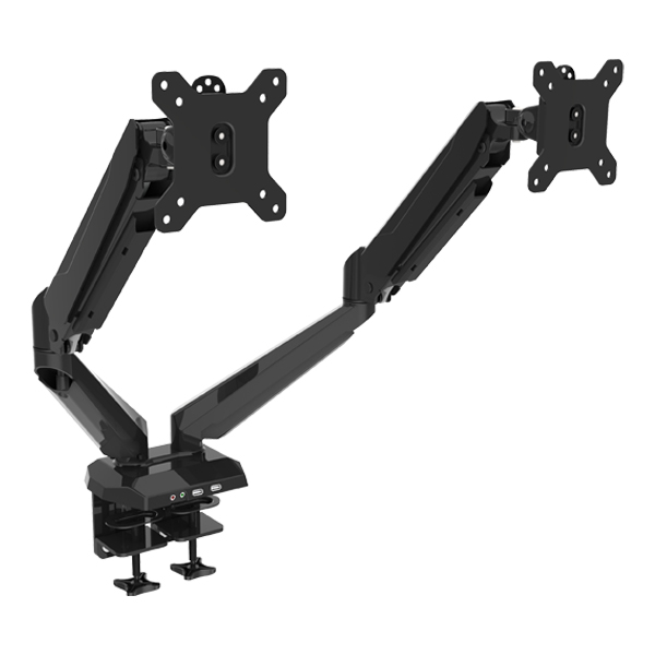  Gas Spring Desk Clamp Aluminium Dual LCD Monitor Arm with USB Port support up to 27", Tilt, Swivel, Rotate, VESA 75/100  