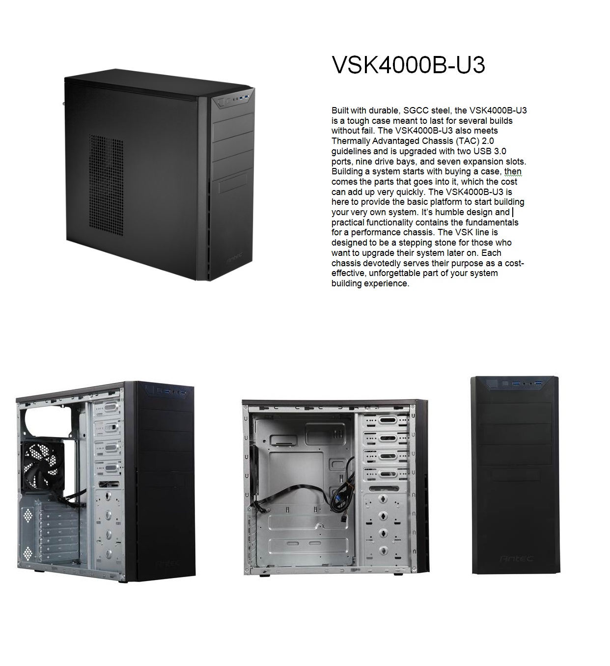  <b>Mid Tower</b>: Black  SGCC steel, USB 3.0 x 2 w/U2, 1x 120mm fan, Affordable Durability. (No PSU)  