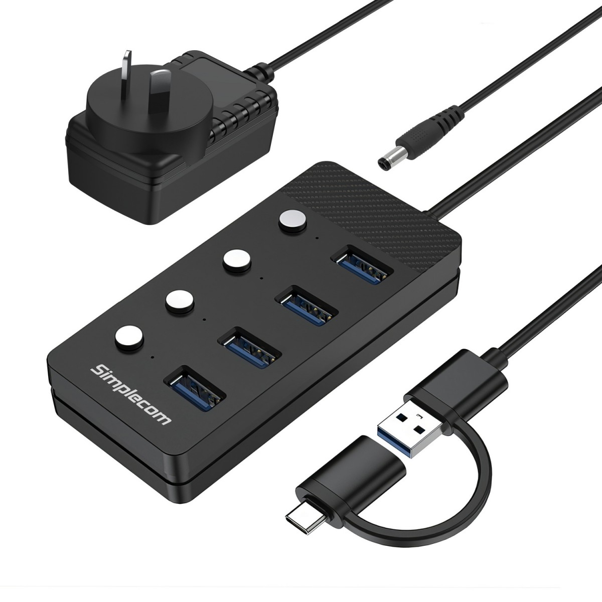  SuperSpeed USB-A and USB-C to 4-Port USB 3.0 Hub 5Gbps Individual Switches and Power Adapter  