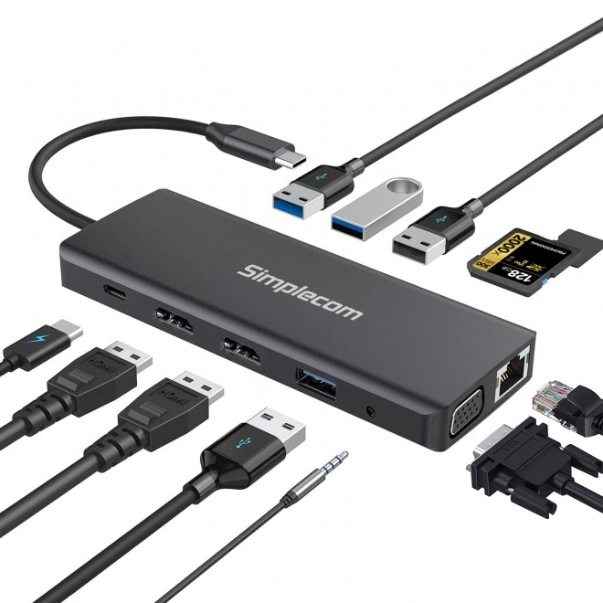  USB-C Type-C 12-in-1 Multiport Docking Station Dual HDMI + VGA Triple Display Gigabit LAN  
