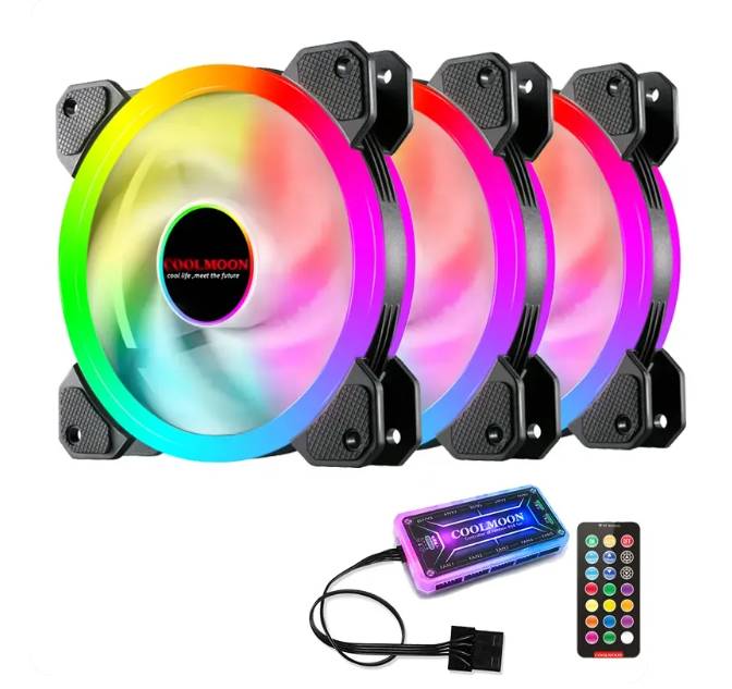  120mm Fan: CoolMoon Sunshine R3 Black (3-Pack)<br> 3x 120mm ARGB Fans, 1200 RPM, 23 dBA, Fan Hub + Remote Included  