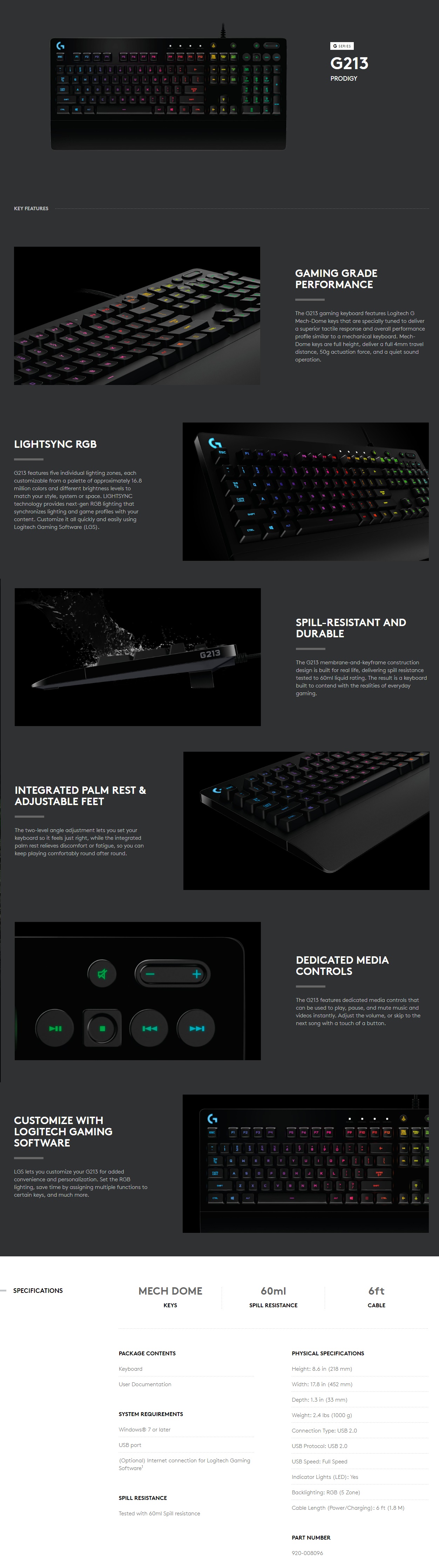  Gaming Keyboard: Logitech G213 Prodigy, RGB Mech-Dome Keys  