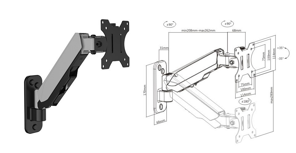  Single Screen Wall Mounted Gas Spring Monitor Arm,17"-32",Weight Capacity (per screen) 8kg  