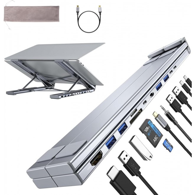  11-In-1 Docking Station & Laptop Stand - 1x HDMI, 4x USB-A, 1x USB-C, x1 USB-C PD, 1x Audio, Card Reader  