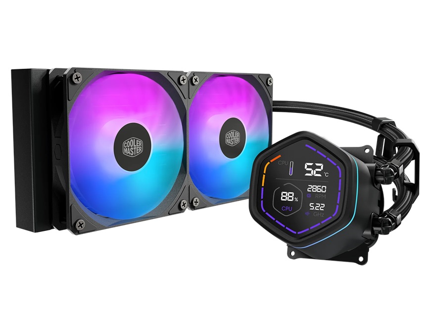 Liquid CPU Cooler: MasterLiquid Core Nex Digital 240 Black, 240mm Radiator, 2x 120mm ARGB PWM Fans, 277 x 119.6 x 27.2 mm, Support: Intel LGA1851, LGA1700, LGA1200, LGA115X, AMD AM5, AM4 Liquid CPU Cooler: MasterLiquid Core Nex Digital 240 Black, 240mm Radiator, 2x 120mm ARGB PWM Fans, 277 x 119.6 x 27.2 mm, Support: Intel LGA1851, LGA1700, LGA1200, LGA115X, AMD AM5, AM4