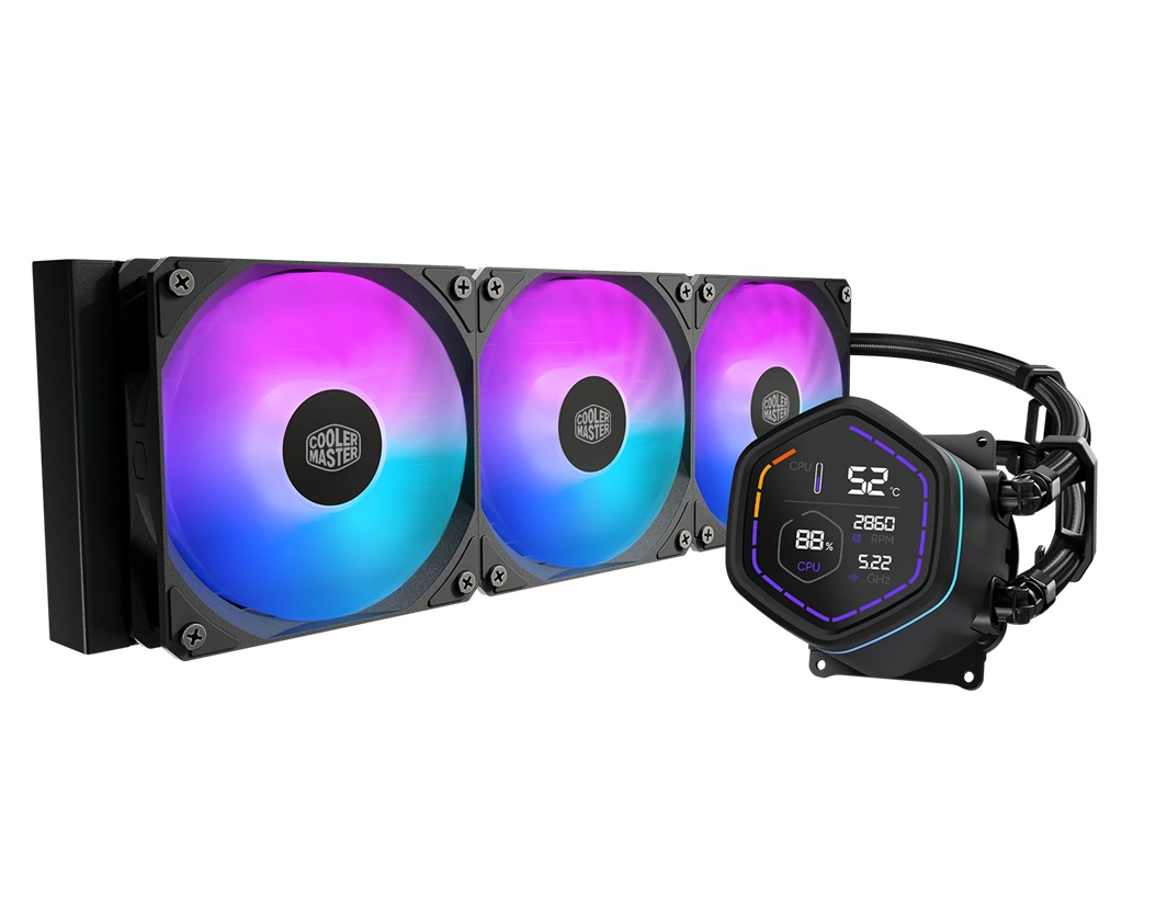 Liquid CPU Cooler: MasterLiquid Core Nex Digital 360 Black, 360mm Radiator, 3x 120mm ARGB PWM Fans, 394 x 119.6 x 27.2 mm, Support: Intel LGA1851, LGA1700, LGA1200, LGA115X, AMD AM5, AM4 Liquid CPU Cooler: MasterLiquid Core Nex Digital 360 Black, 360mm Radiator, 3x 120mm ARGB PWM Fans, 394 x 119.6 x 27.2 mm, Support: Intel LGA1851, LGA1700, LGA1200, LGA115X, AMD AM5, AM4