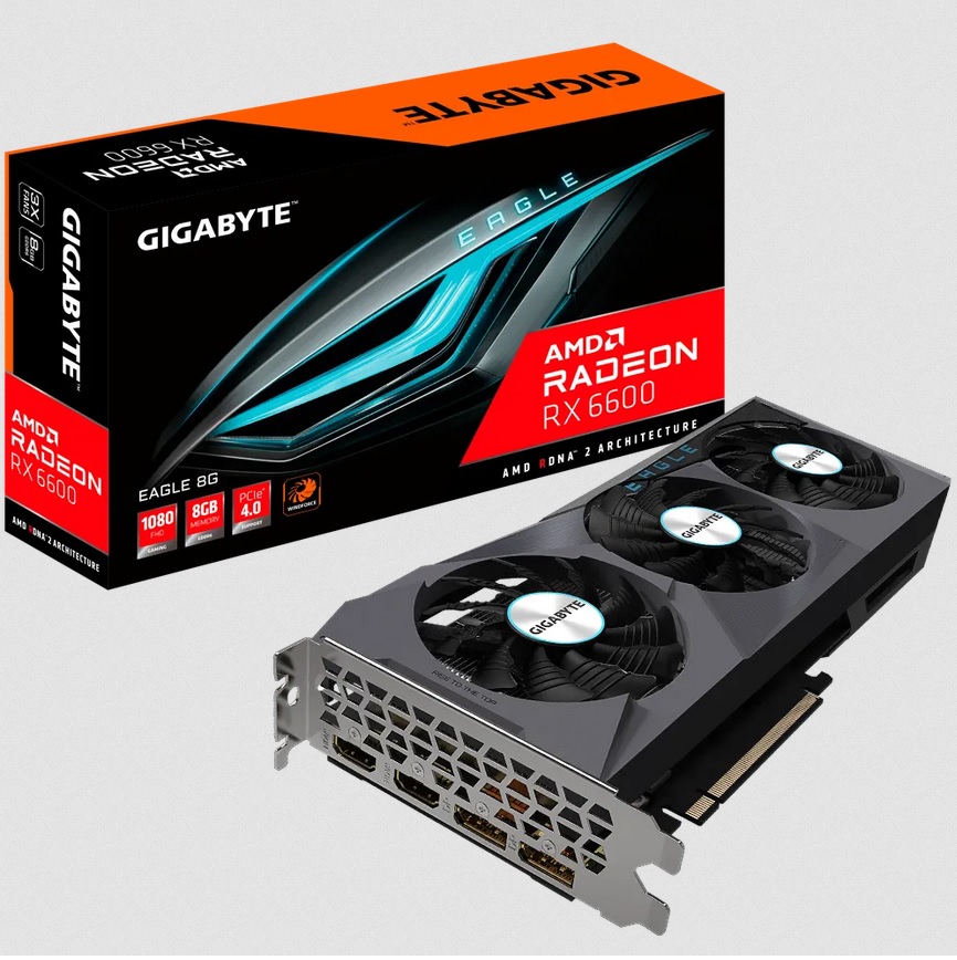  AMD Radeon RX 6600 EAGLE 8GB<br>Clock up to 2491 MHz, Max resolution: 7680X4320, 2x HDMI/2x DP, 1x 8-Pin Connector, Recomended: 500W  
