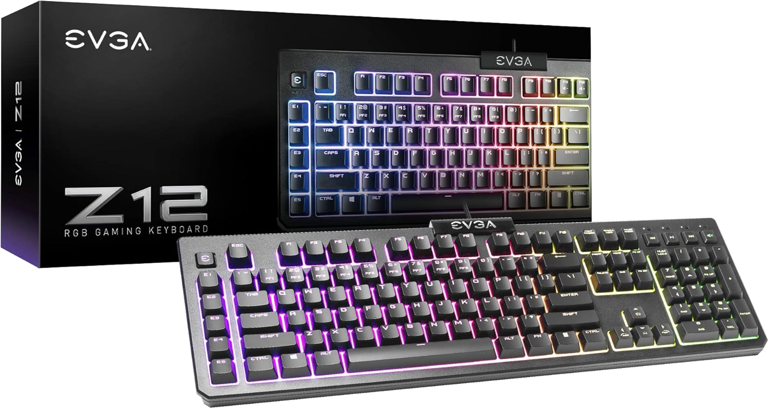  EVGA Z12 RGB Gaming Keyboard, RGB Backlit LED, 5 Programmable Macro Keys, Dedicated Media Keys, Water Resistant, USB Connection  